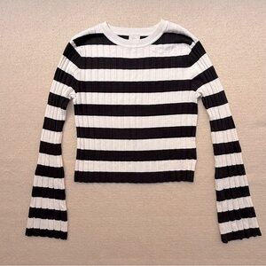 A New Day Striped Black & White Ribbed Knit Top Sweater Long Bell Sleeve L